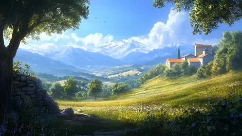 Sunlit valley and distant snow peaks frame a hilltop village.