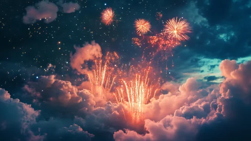 Fireworks erupt in glowing clouds beneath a starry night sky.