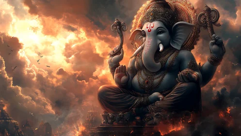 Colossal digital Ganesha deity seated amid incandescent storm clouds