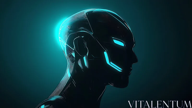 Futuristic cybernetic head in teal neon side profile.