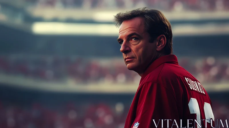 Sideline portrait of focused coach in crimson stadium light.