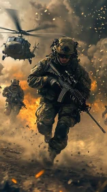 Armored infantry assault advances under low-hovering utility helicopter