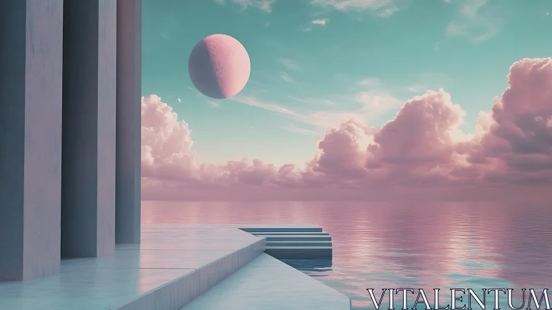 Pastel exoplanet horizon with monolithic waterfront terrace.