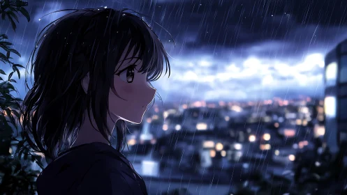 Pensive anime girl gazes over a rainy neon city night