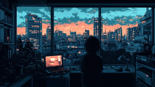Quiet evening window view over a neon city sunset glow.