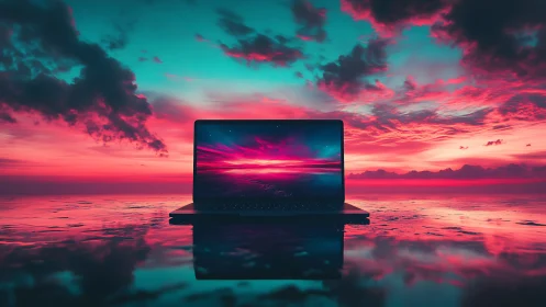 Cyberpunk horizon laptop against neon sunset reflection field.