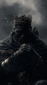 Dark crowned figure in ornate armor against stormy backdrop.
