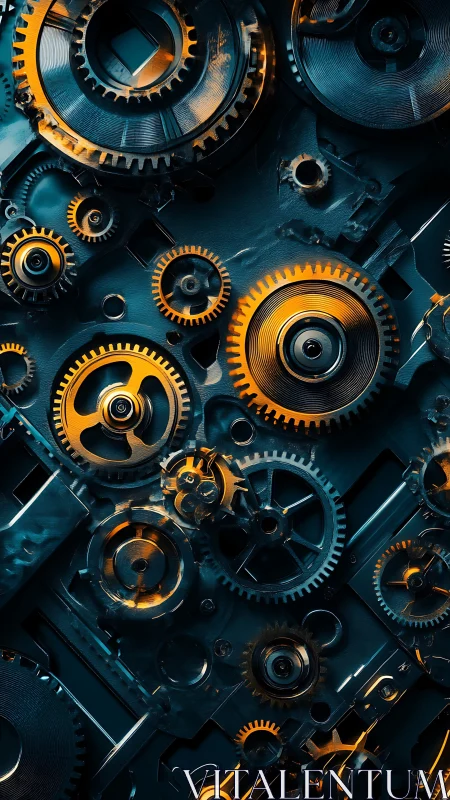 Interlocking brass and steel gear array under cinematic lighting