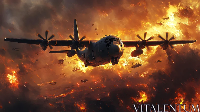 Fiery skies roar as a mighty aircraft charges through battle
