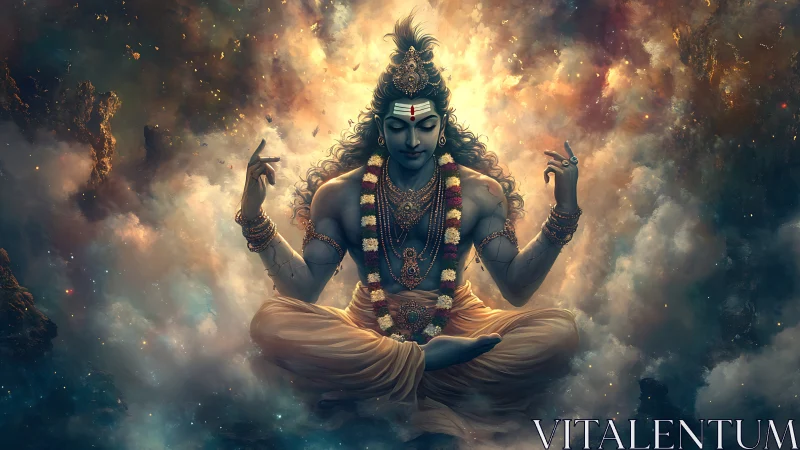 Divine blue deity meditating amid cosmic swirling clouds.