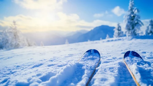 Low-angle alpine ski perspective with sunlit powder surface