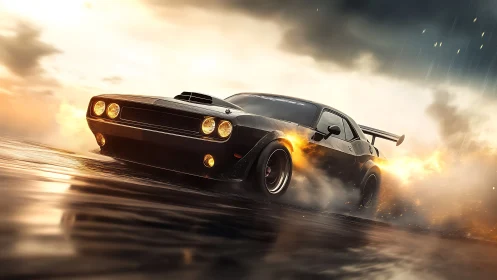 Wide-body muscle car drifts through rain-soaked track with flames
