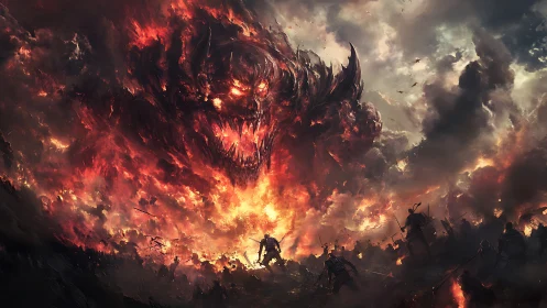 Infernal sky-beast unfurls from wildfire clouds above warriors