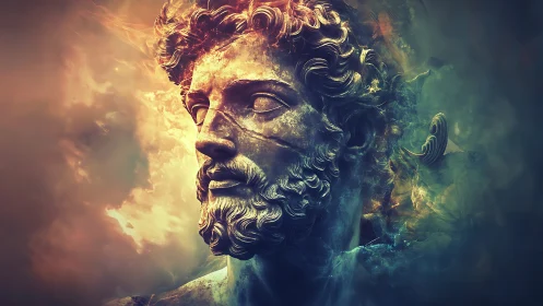 Mythic stone guardian wrapped in swirling cosmic color.