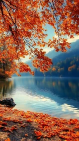 Autumn canopy over tranquil mountain lake at sunrise.