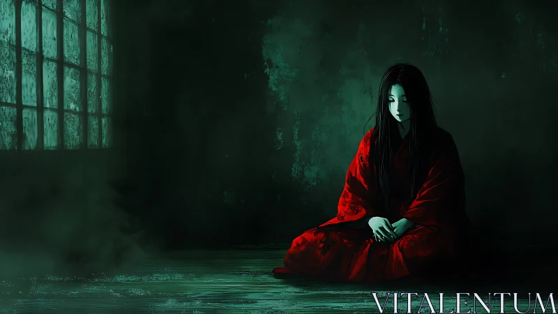 Woman in red robe sits alone in dim green interior