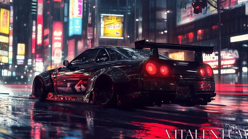 Modified street racer idles under neon lights on wet city road