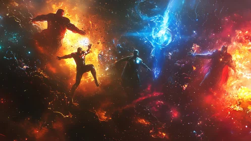 Superheroes in cosmic battle within fiery stellar clouds.