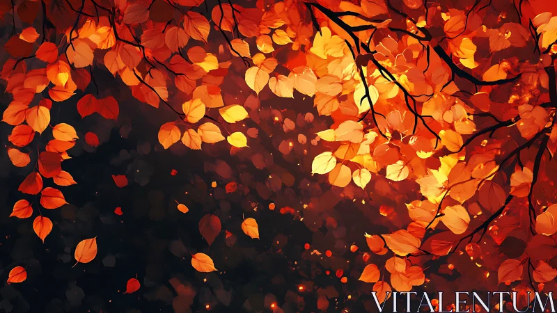 Radiant autumn canopy glows with fiery falling leaves.