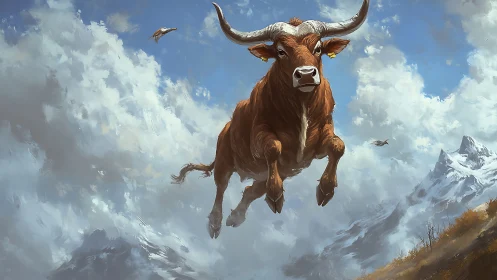 Floating brown bull over mountains under bright sky.