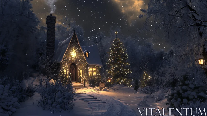 Snowy forest cottage with glowing Christmas lights at night.