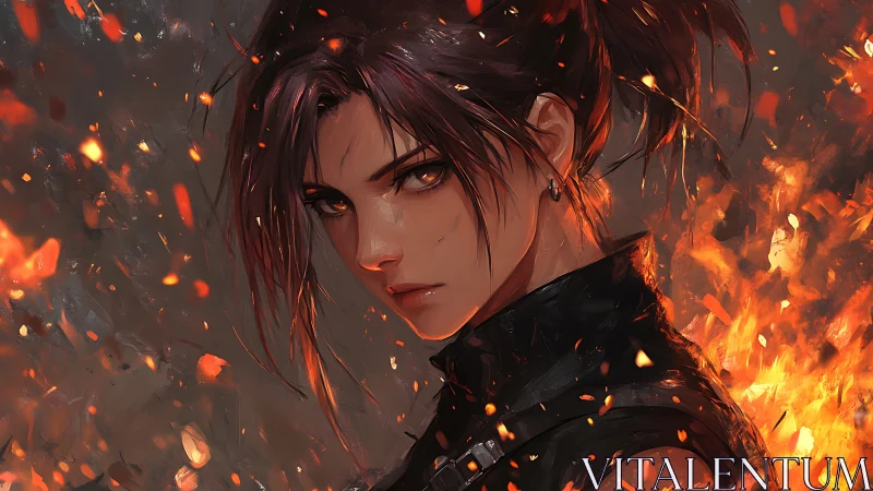 Fierce flame lit warrior holding her ground with quiet resolve.