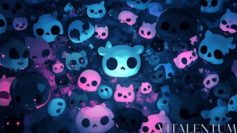 Glowing pastel skull crowd in neon blue and pink palette.