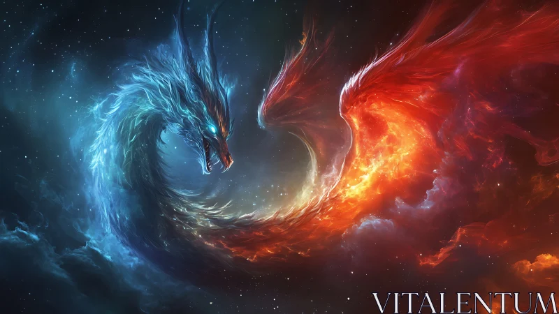 Cosmic fire and frost dragons circling in eternal standoff.