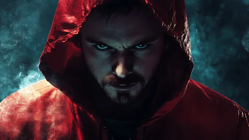 Intense hooded man in red jacket under dramatic rim lighting