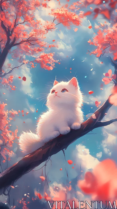 White Kitten Perched on Branch Amid Crimson Autumn Foliage and Sky