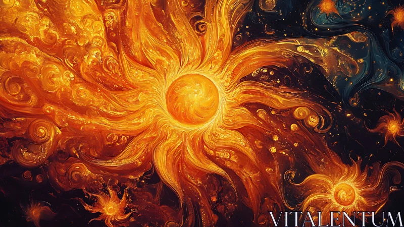 Solar vortex nebula in swirling golden plasma forms.