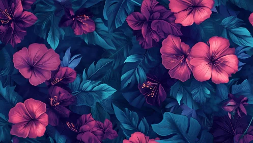 Neon Hibiscus Garden: Vibrant Pink and Blue Floral Digital Art.