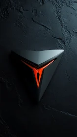 Sleek triangular emblem glows warmly against dark stone