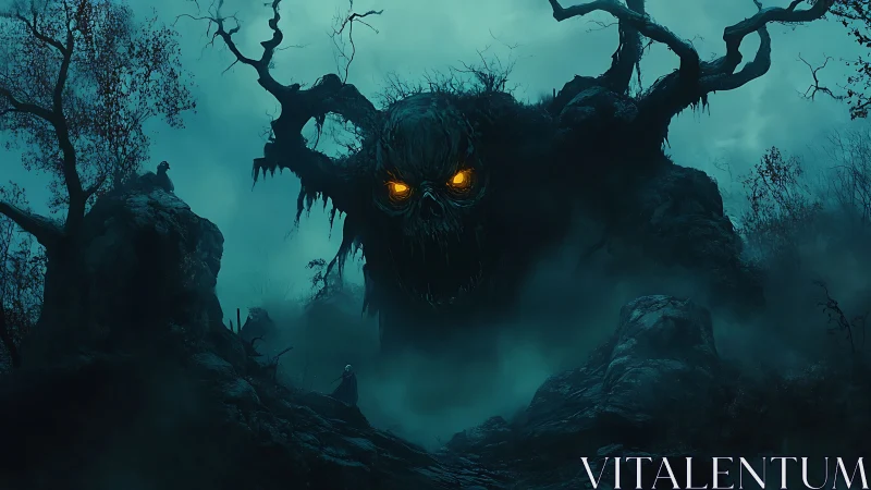 Nocturnal forest colossus with blazing eyes, cinematic digital painting.