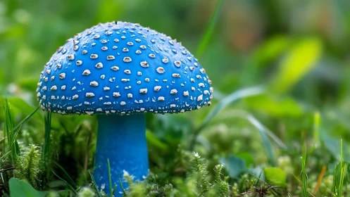 Blue mushroom stands in sharp focus against soft green background