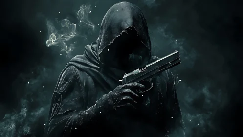 Hooded gunman emerges from dark smoke in cinematic lighting