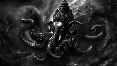 Ganesh deity merges with swirling tentacled shadows.