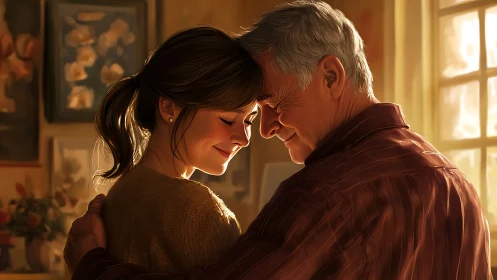 Intimate Moment Between Elderly Couple in Golden Sunlight