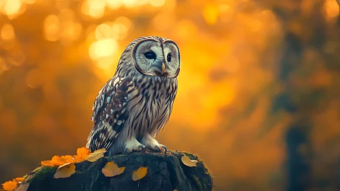 Barred owl perched on tree stump in dreamy autumn forest scene.