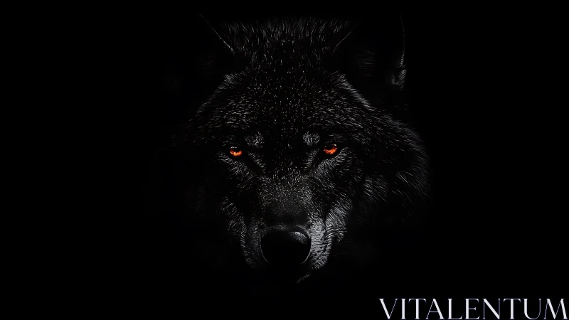 Low-key wolf portrait isolates luminous eyes in deep black field