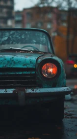 Weathered teal car front with illuminated headlight at dusk.
