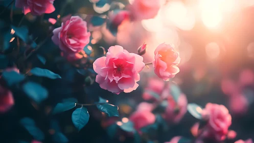Luminescent Pink Roses with Bokeh Atmospheric Lighting