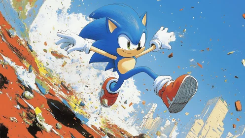 High-velocity blue hedgehog rendered in dynamic cel-shaded motion