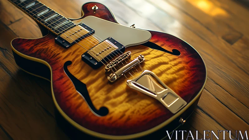 Semi-hollow electric guitar displays quilted maple sunburst top