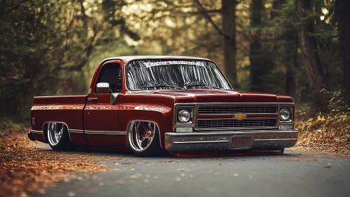 Low-slung crimson Chevy pickup prowls a golden forest road.