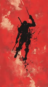 Silhouette ninja figure with swords over distressed red field