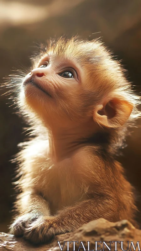 Infant monkey portrait in warm backlit shallow depth focus.