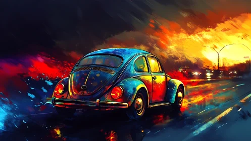 Vintage compact car on wet roadway under vivid sky at dusk.