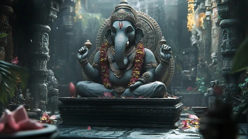 Stone elephant-headed deity statue sits in ornate temple courtyard