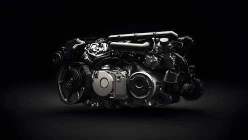 Detailed automotive engine close-up on black background, modern style.